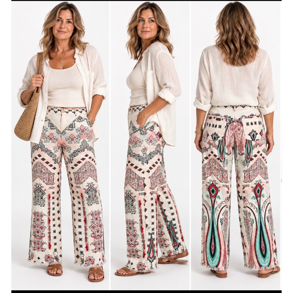 Etro Coachella 6 Pants 42 Cream Paisley Geometric Fringed Silk-Feel Boho Luxury